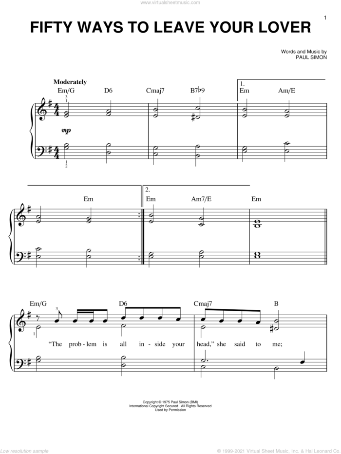 Fifty Ways To Leave Your Lover sheet music for piano solo by Paul Simon and Simon & Garfunkel, easy skill level