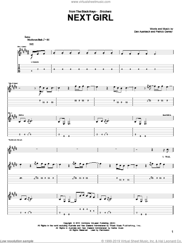 Next Girl sheet music for guitar (tablature) by The Black Keys, Daniel Auerbach and Patrick Carney, intermediate skill level