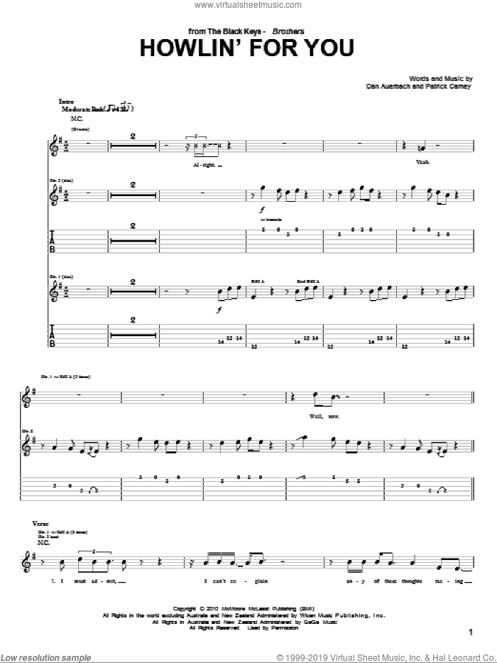 Howlin' For You sheet music for guitar (tablature) by The Black Keys, Daniel Auerbach and Patrick Carney, intermediate skill level