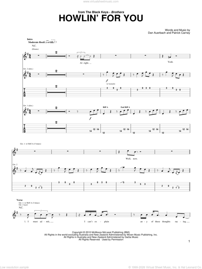 Howlin' For You sheet music for guitar (tablature) by The Black Keys, Daniel Auerbach and Patrick Carney, intermediate skill level