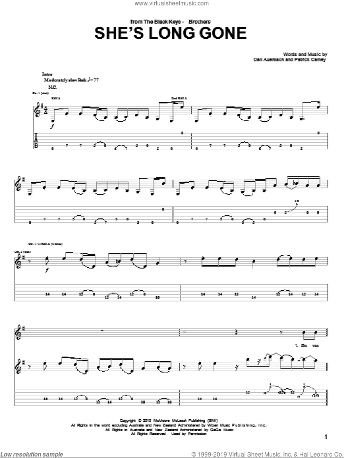 She's Long Gone sheet music for guitar (tablature) by The Black Keys, Daniel Auerbach and Patrick Carney, intermediate skill level