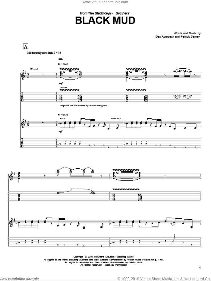 Black Mud sheet music for guitar (tablature) by The Black Keys, Daniel Auerbach and Patrick Carney, intermediate skill level