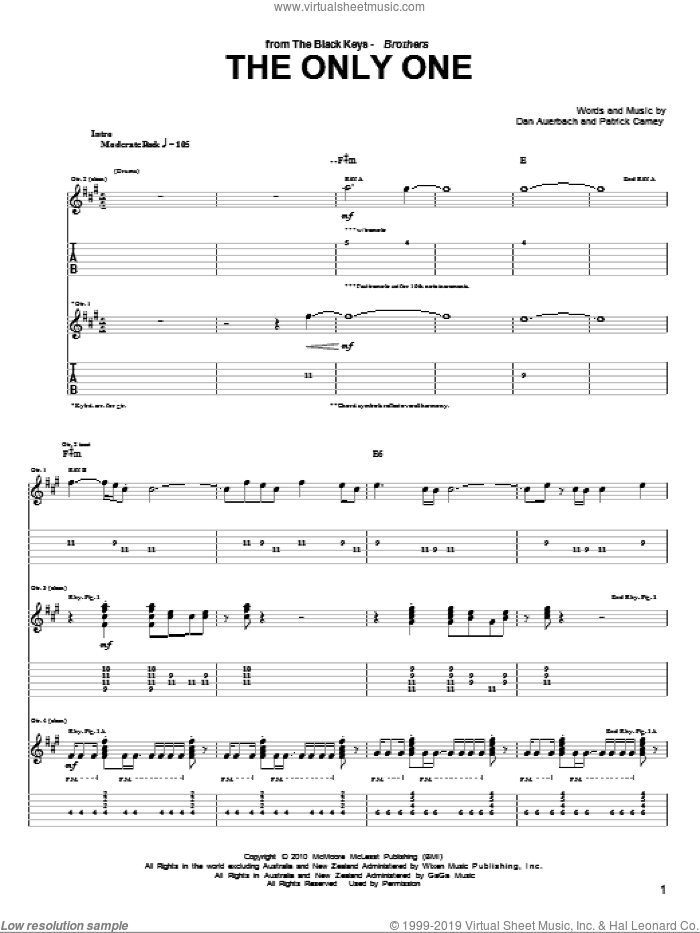 The Only One sheet music for guitar (tablature) by The Black Keys, Daniel Auerbach and Patrick Carney, intermediate skill level