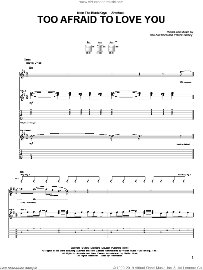Too Afraid To Love You sheet music for guitar (tablature) by The Black Keys, Daniel Auerbach and Patrick Carney, intermediate skill level