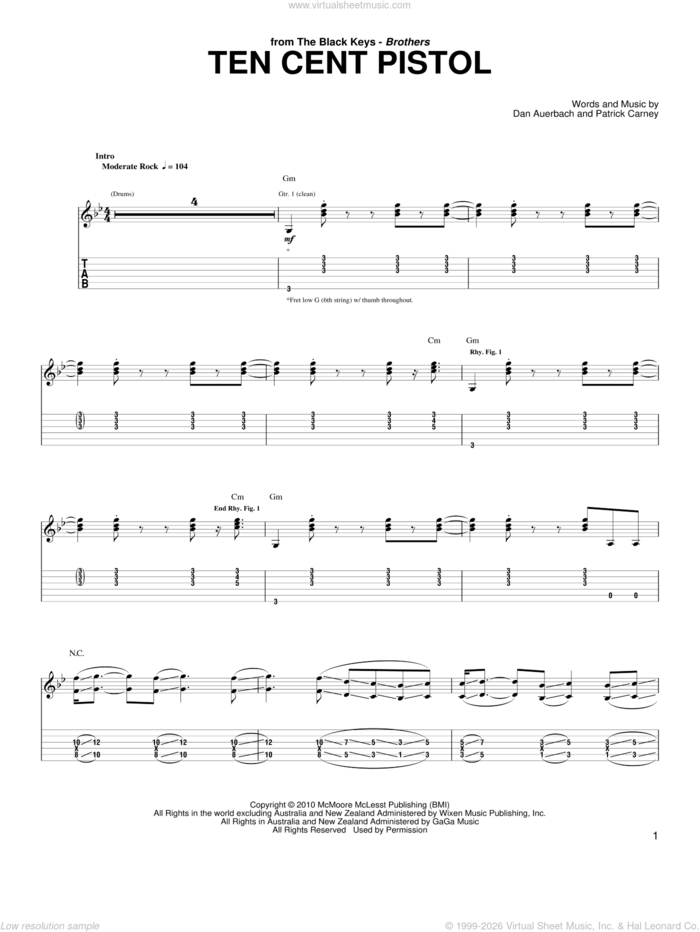 Ten Cent Pistol sheet music for guitar (tablature) by The Black Keys, Daniel Auerbach and Patrick Carney, intermediate skill level