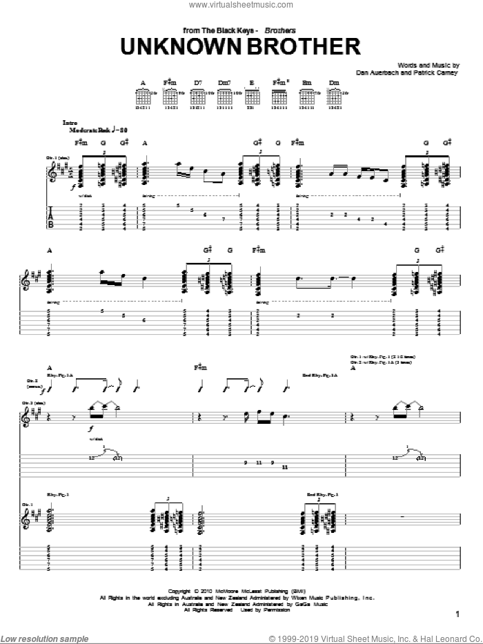 Unknown Brother sheet music for guitar (tablature) by The Black Keys, Daniel Auerbach and Patrick Carney, intermediate skill level