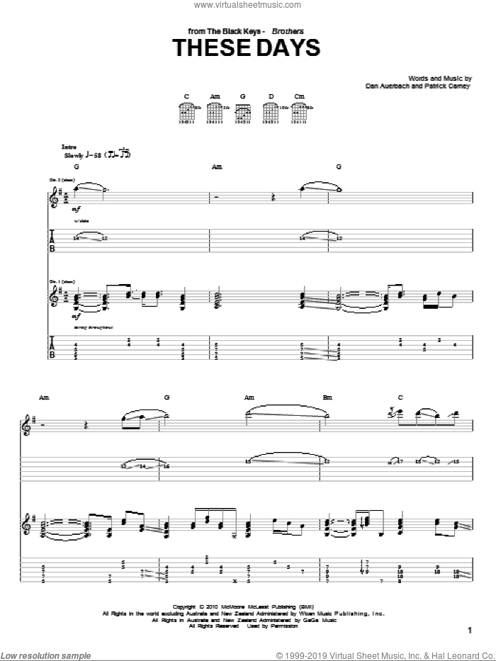 These Days sheet music for guitar (tablature) by The Black Keys, Daniel Auerbach and Patrick Carney, intermediate skill level