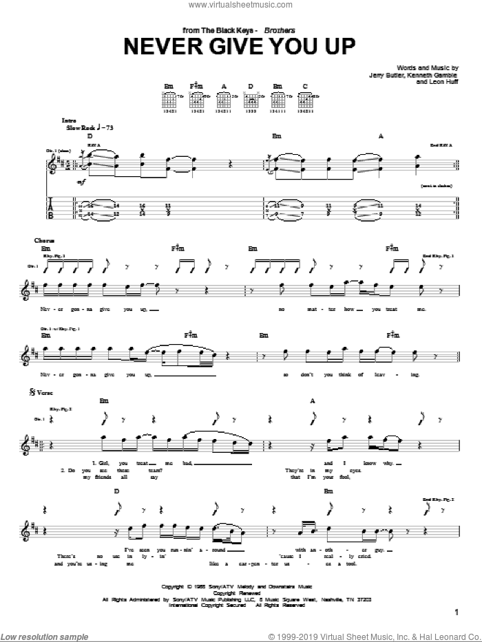 Never Give You Up sheet music for guitar (tablature) by The Black Keys, Jerry Butler, Kenneth Gamble and Leon Huff, intermediate skill level