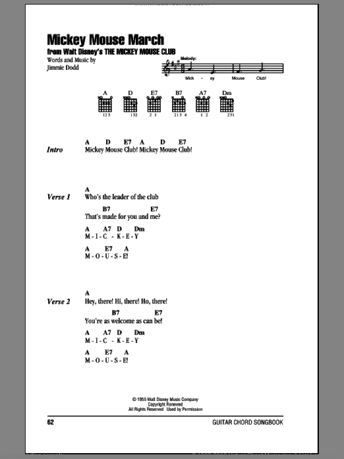 Mickey Mouse March (from The Mickey Mouse Club) sheet music for guitar (chords) by Jimmie Dodd, intermediate skill level