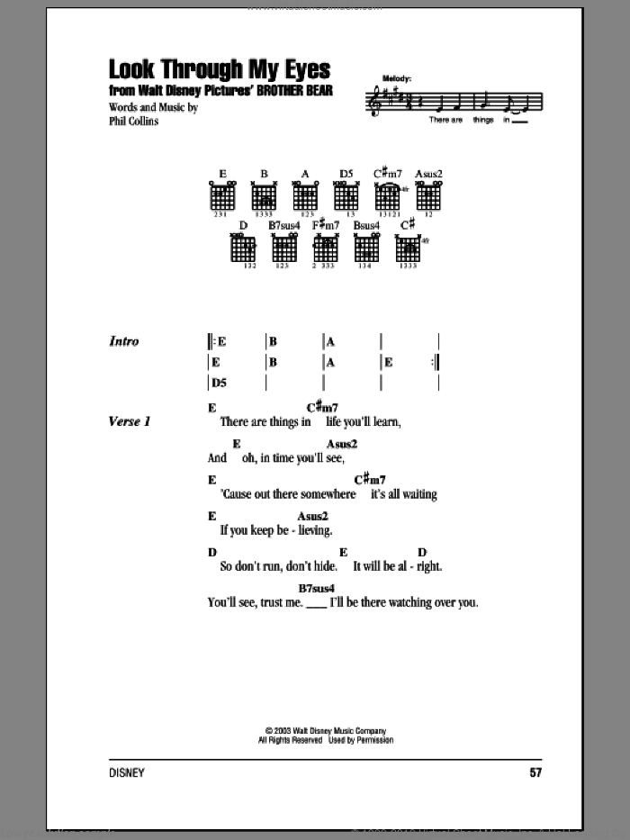 Look Through My Eyes sheet music for guitar (chords) by Phil Collins and Brother Bear (Movie), intermediate skill level