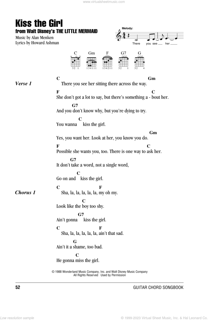 Kiss The Girl (from The Little Mermaid) sheet music for guitar (chords) by Alan Menken, The Little Mermaid (Movie), Alan Menken & Howard Ashman and Howard Ashman, intermediate skill level