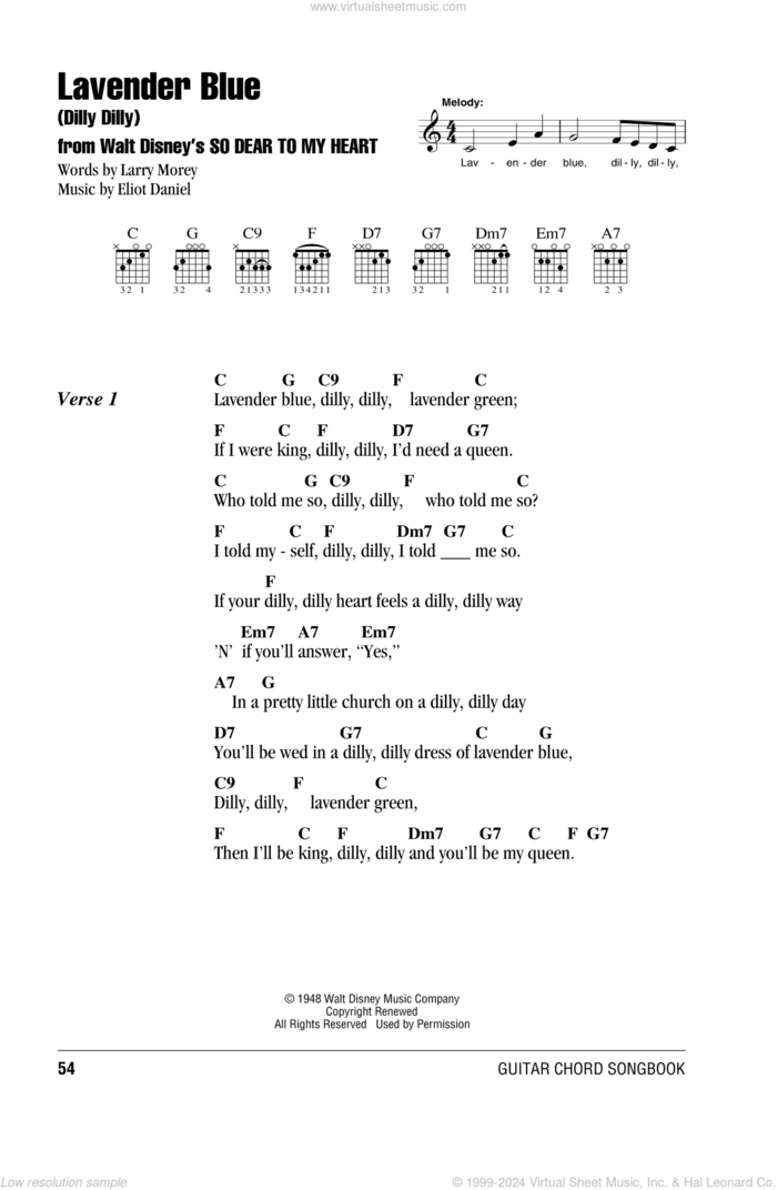 Lavender Blue (Dilly Dilly) (from So Dear To My Heart) sheet music for guitar (chords) by Burl Ives, Eliot Daniel and Larry Morey, intermediate skill level