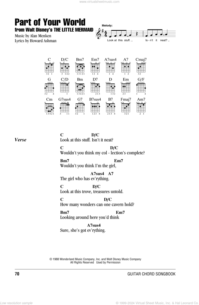 Part Of Your World (from The Little Mermaid) sheet music for guitar (chords) by Alan Menken, The Little Mermaid (Movie), Alan Menken & Howard Ashman and Howard Ashman, intermediate skill level