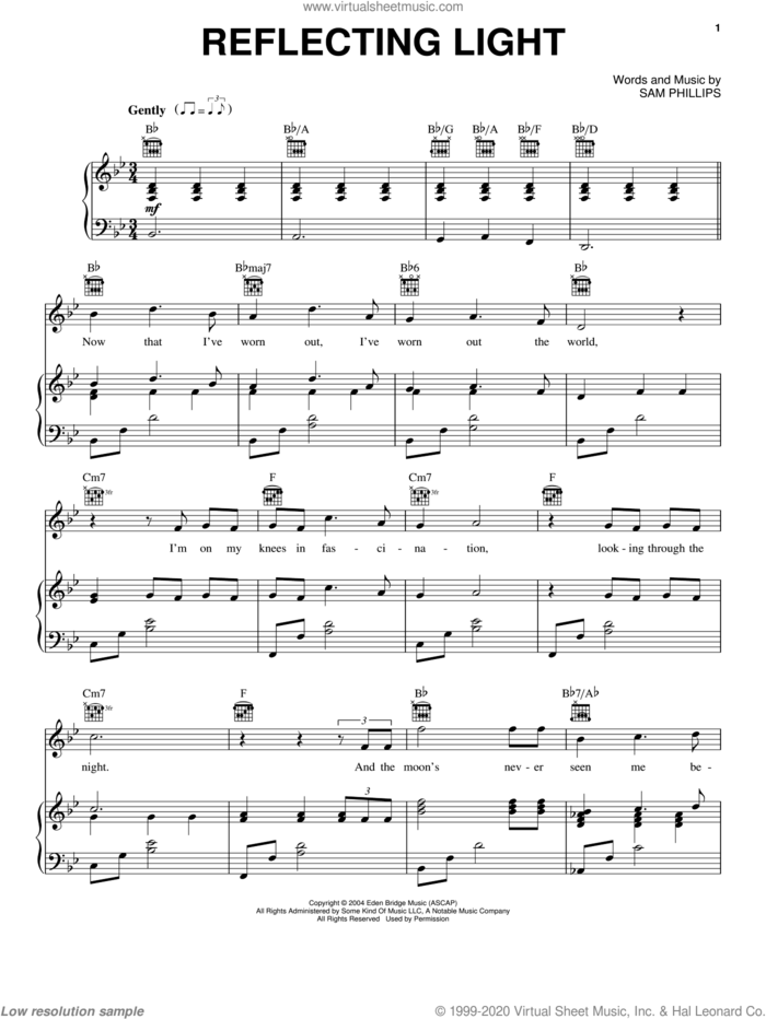 Reflecting Light sheet music for voice, piano or guitar by Sam Phillips, intermediate skill level