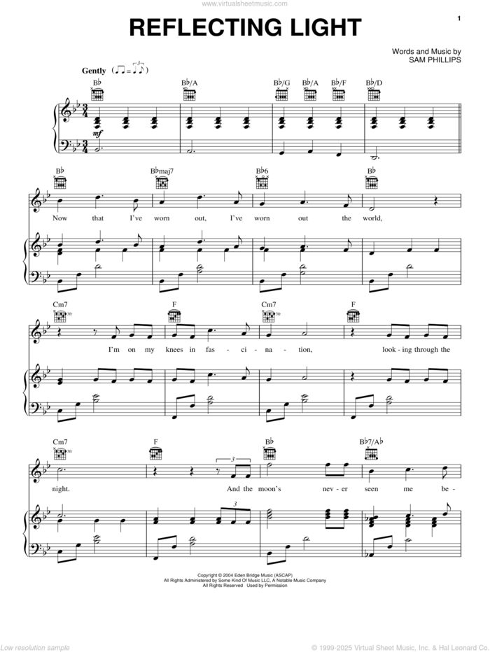 Reflecting Light sheet music for voice, piano or guitar by Sam Phillips, intermediate skill level