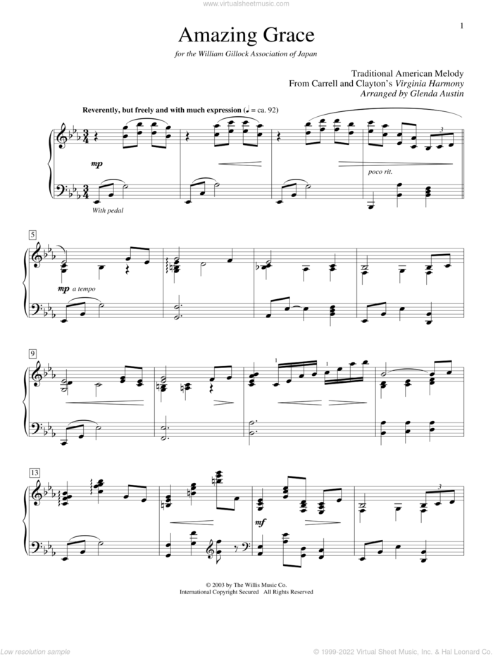 Amazing Grace, (beginner) sheet music for piano solo (elementary) by John Newton, Glenda Austin, Edwin O. Excell and Miscellaneous, wedding score, beginner piano (elementary)