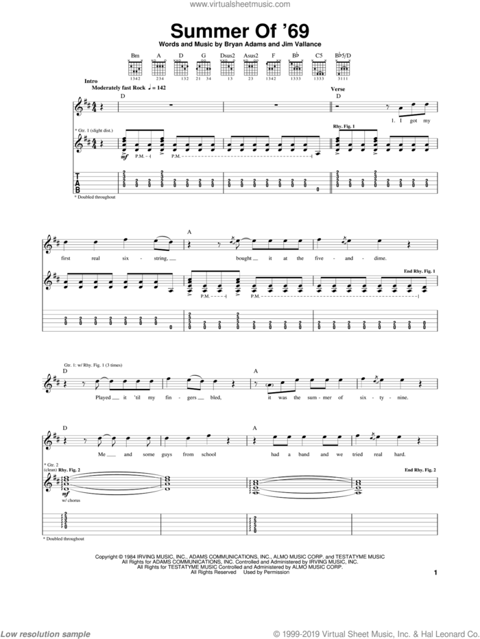 Summer Of '69 sheet music for guitar (tablature) by Bryan Adams and Jim Vallance, intermediate skill level
