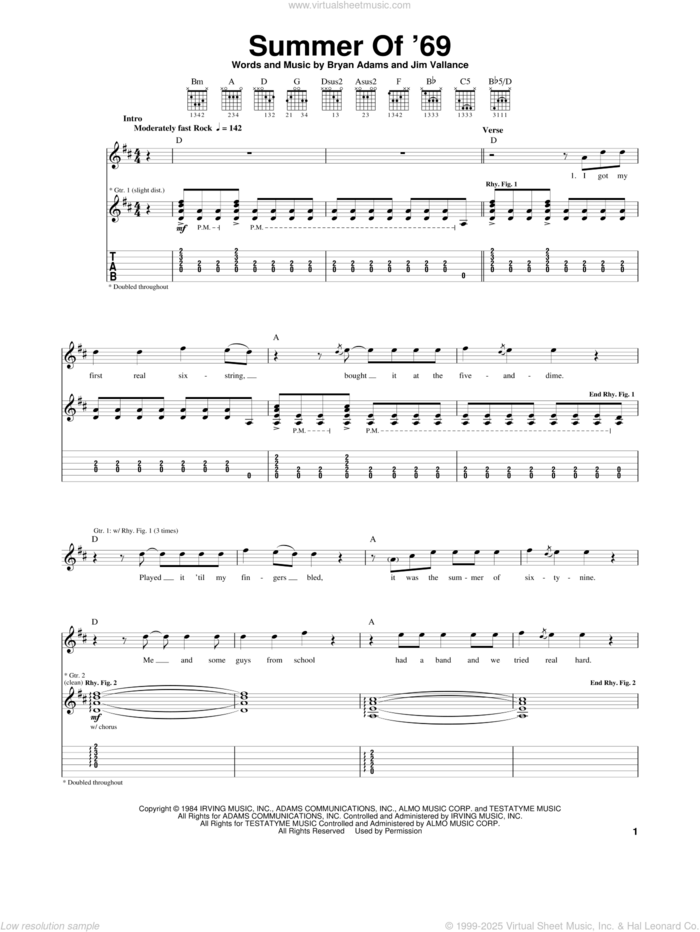 Summer Of '69 sheet music for guitar (tablature) by Bryan Adams and Jim Vallance, intermediate skill level