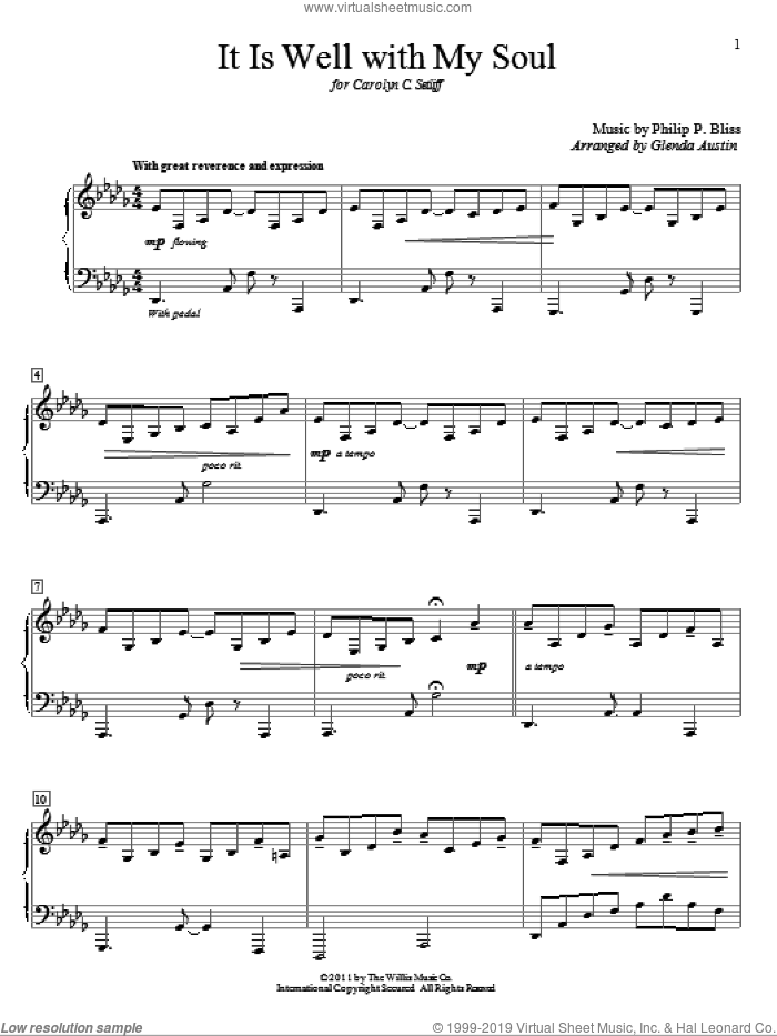 It Is Well With My Soul sheet music for piano solo (elementary) by Philip P. Bliss, Glenda Austin, Mahalia Jackson, Rebecca St. James and Horatio G. Spafford, beginner piano (elementary)