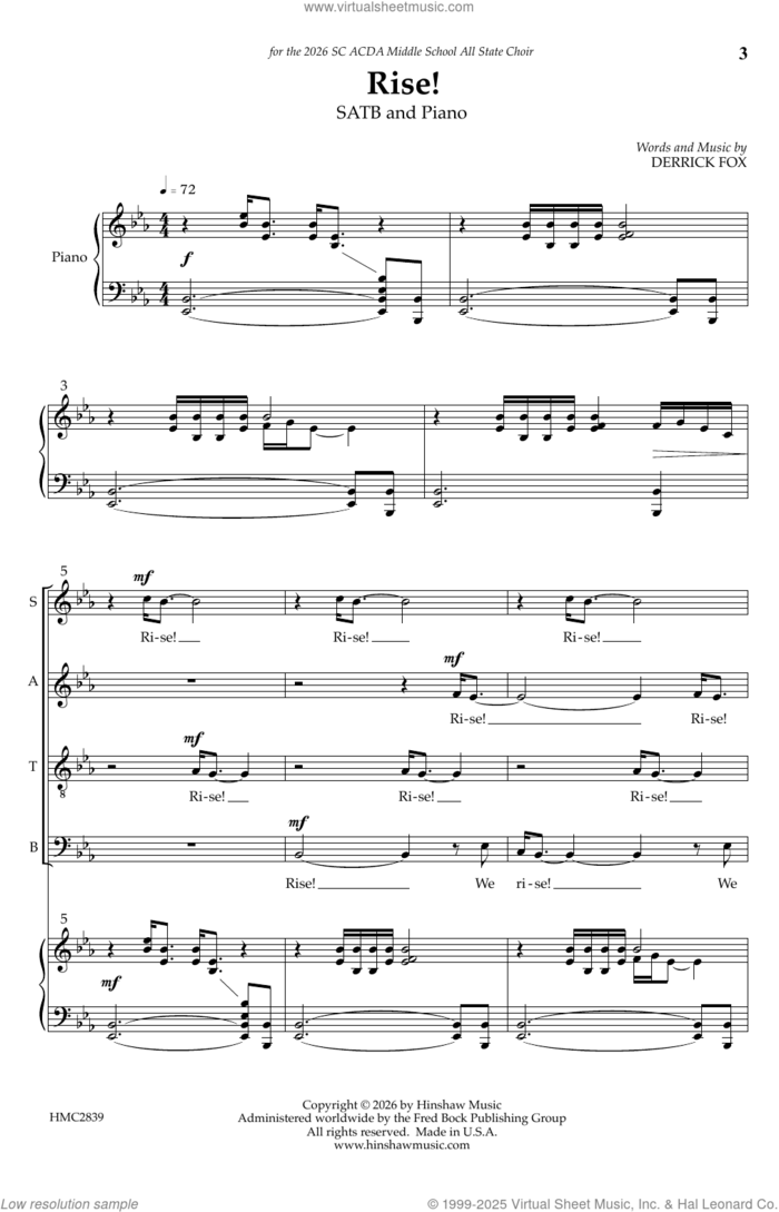 Rise! sheet music for choir (SATB: soprano, alto, tenor, bass) by Derrick Fox, intermediate skill level