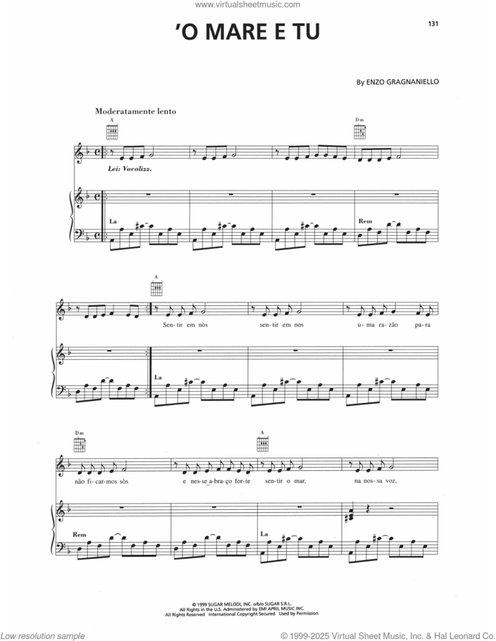 O Mare E Tu sheet music for voice, piano or guitar by Andrea Bocelli and Enzo Gragnaniello, intermediate skill level