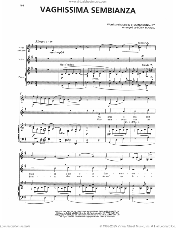 Vaghissima Sembrianza sheet music for voice, piano or guitar by Andrea Bocelli, Lorin Maazel (arr.) and Stefano Donaudy, classical score, intermediate skill level