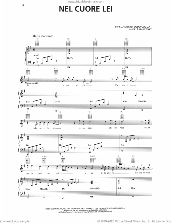 Nel Cuore Lei sheet music for voice, piano or guitar by Andrea Bocelli, B. Zambrini, Dedo Cogliati and E. Ramazzotti, intermediate skill level