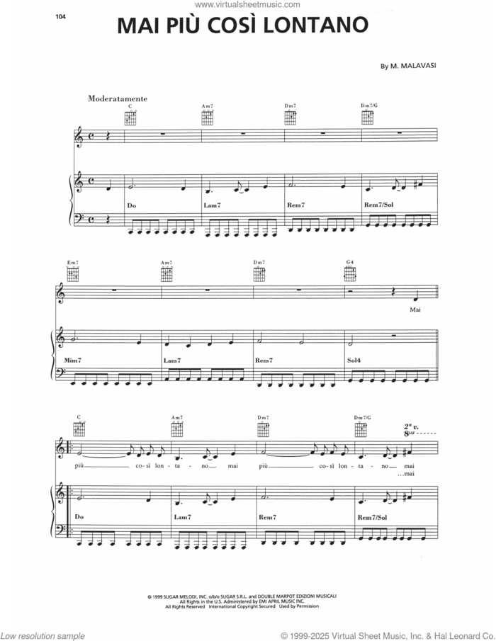 Mai Piu' Cosi' Lontano sheet music for voice, piano or guitar by Andrea Bocelli and Mauro Malavasi, classical score, intermediate skill level