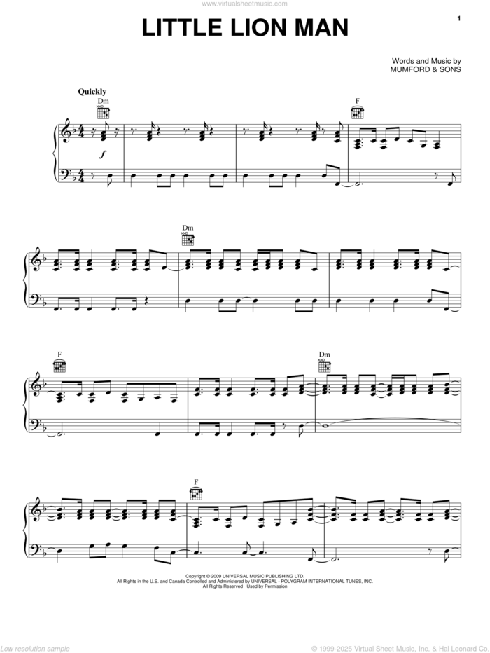 Little Lion Man sheet music for voice, piano or guitar by Mumford & Sons and Marcus Mumford, intermediate skill level