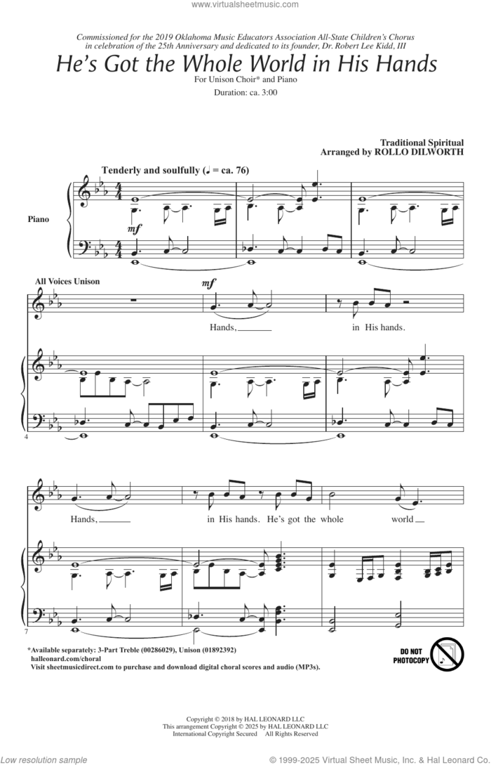 He's Got The Whole World In His Hands (arr. Rollo Dilworth) sheet music for choir (Unison)  and Rollo Dilworth, intermediate skill level