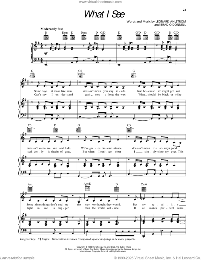 What I See sheet music for voice, piano or guitar by Sierra and Leonard Ahlstrom, intermediate skill level