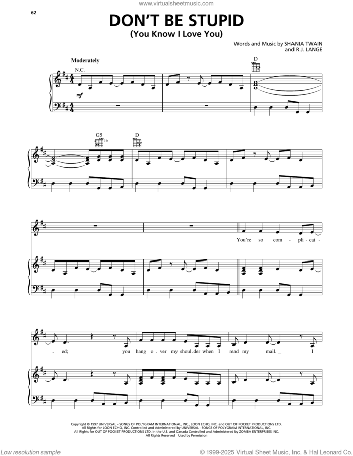 Don't Be Stupid (You Know I Love You) sheet music for voice, piano or guitar by Shania Twain and Robert John Lange, intermediate skill level