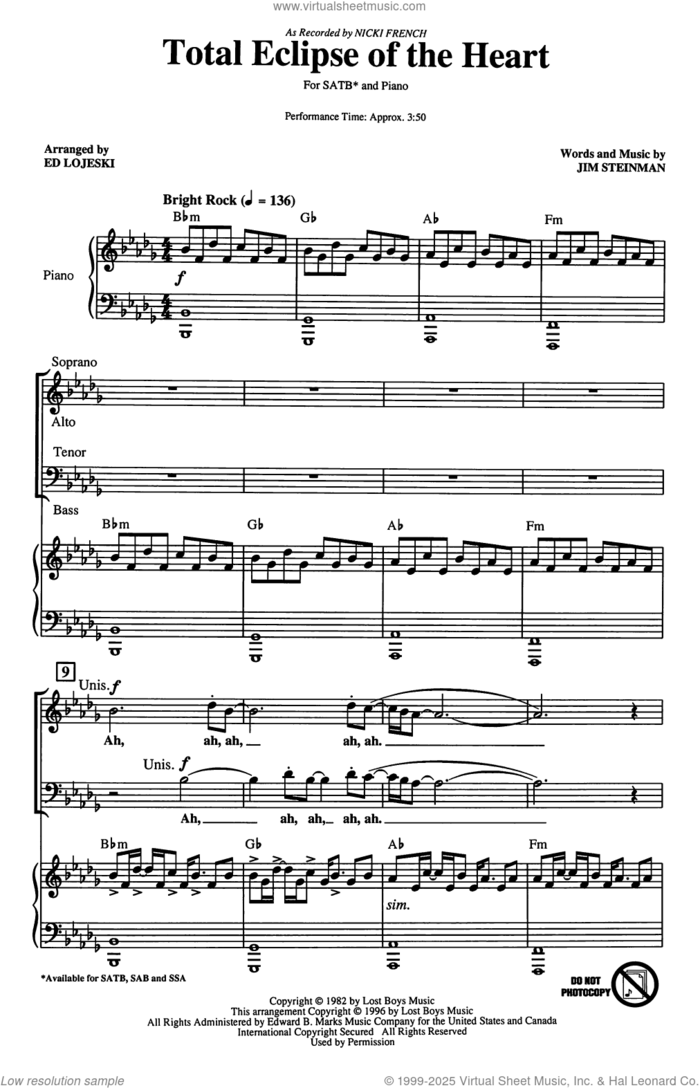 Total Eclipse Of The Heart (arr. Ed Lojeski) sheet music for choir (SATB: soprano, alto, tenor, bass) by Nicki French, Ed Lojeski, Bonnie Tyler and Jim Steinman, intermediate skill level