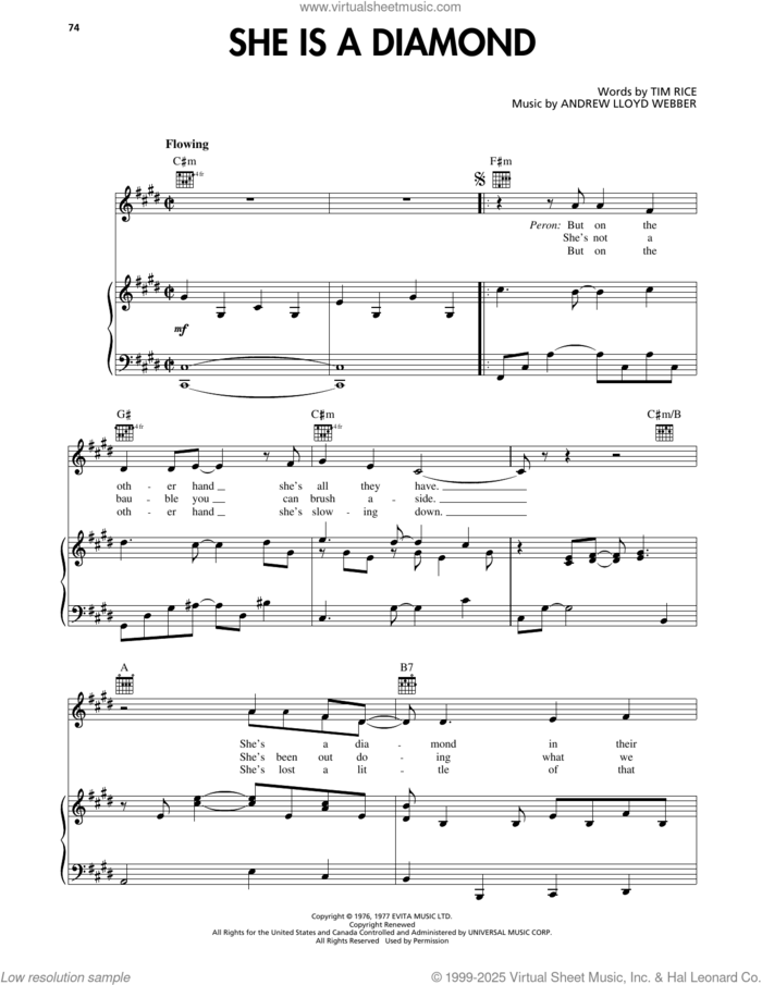 She Is A Diamond (from Evita) sheet music for voice, piano or guitar by Andrew Lloyd Webber and Tim Rice, intermediate skill level