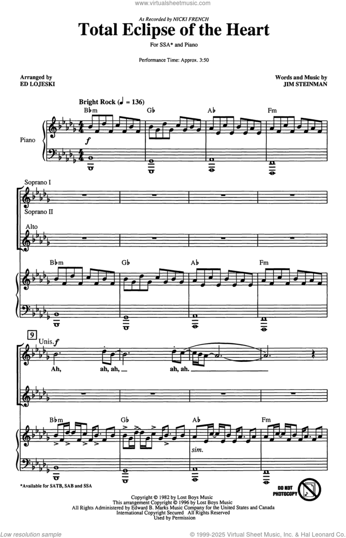 Total Eclipse Of The Heart (arr. Ed Lojeski) sheet music for choir (SSA: soprano, alto) by Nicki French, Ed Lojeski, Bonnie Tyler and Jim Steinman, intermediate skill level