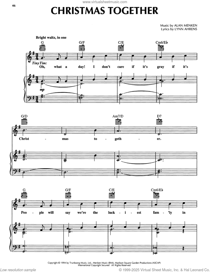 Christmas Together (from A Christmas Carol) sheet music for voice, piano or guitar by Alan Menken and Lynn Ahrens, intermediate skill level