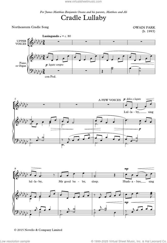 Cradle Lullaby sheet music for choir (SSA: soprano, alto) by Owain Park, intermediate skill level