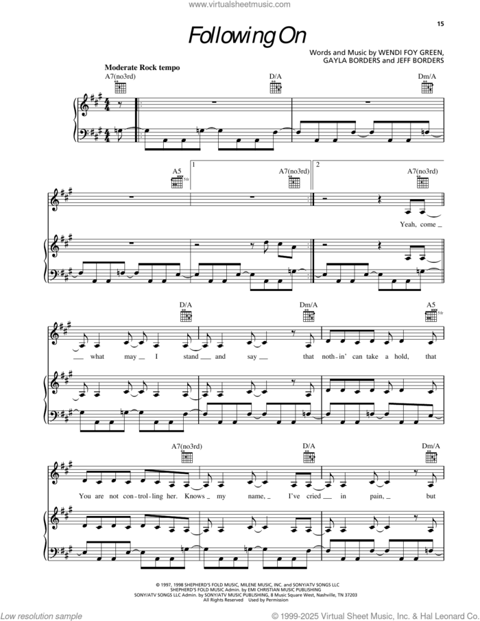 Following On sheet music for voice, piano or guitar by Sierra, Gayla Borders, Jeff Borders and Wendi Foy Green, intermediate skill level