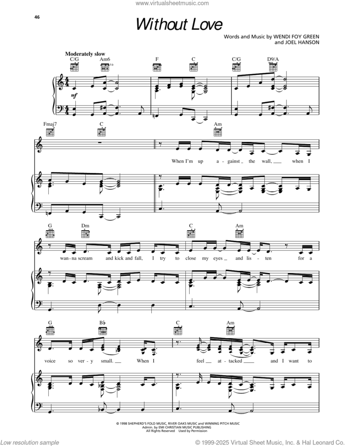 Without Love sheet music for voice, piano or guitar by Sierra, Joel Hanson and Wendi Foy Green, intermediate skill level