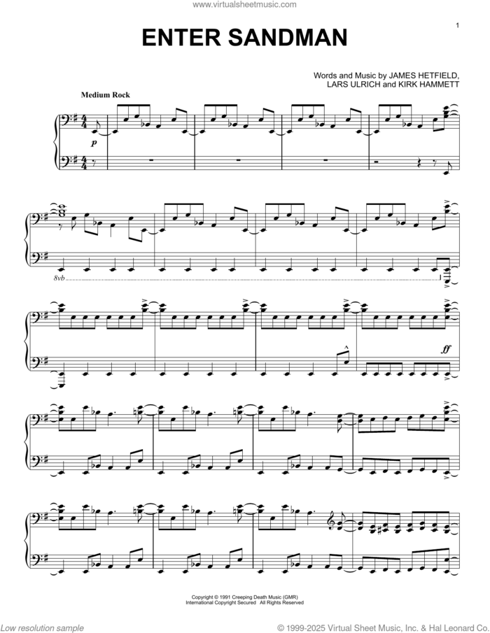 Enter Sandman sheet music for piano solo by Metallica, James Hetfield, Kirk Hammett and Lars Ulrich, intermediate skill level