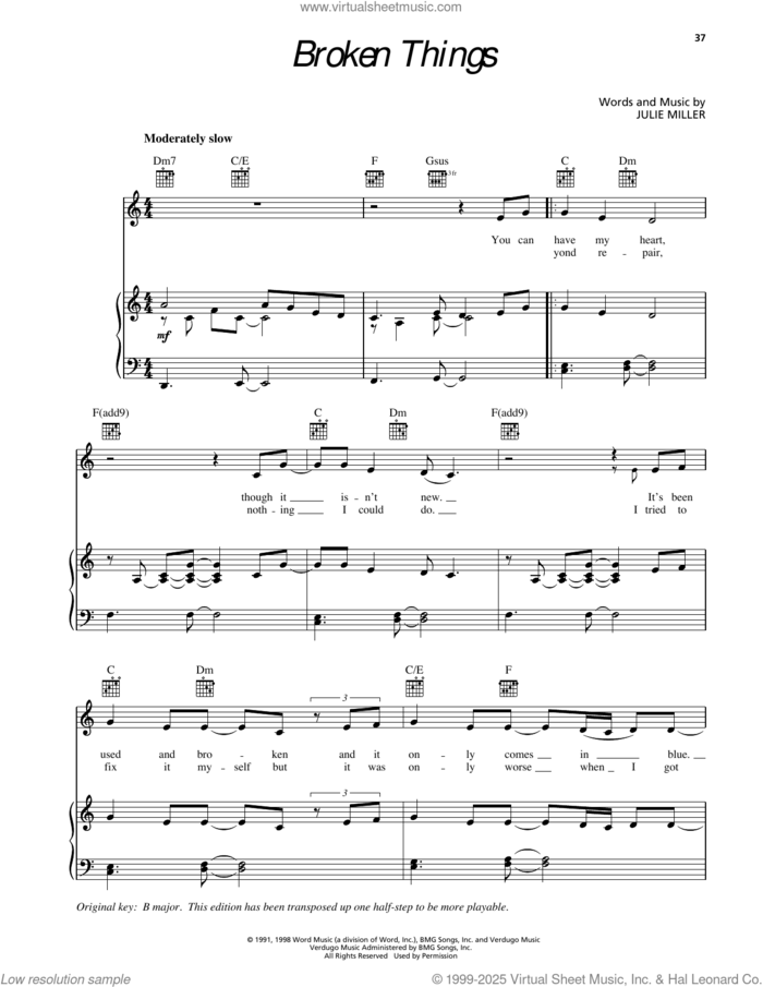 Broken Things sheet music for voice, piano or guitar by Sierra and Julie Miller, intermediate skill level