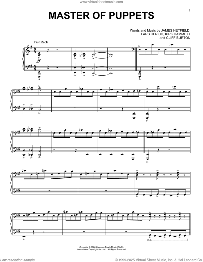 Master Of Puppets, (intermediate) sheet music for piano solo by Metallica, Cliff Burton, James Hetfield, Kirk Hammett and Lars Ulrich, intermediate skill level