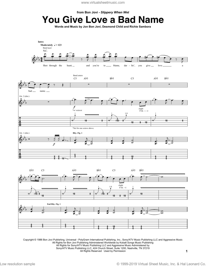You Give Love A Bad Name sheet music for guitar (tablature) by Bon Jovi, Desmond Child and Richie Sambora, intermediate skill level