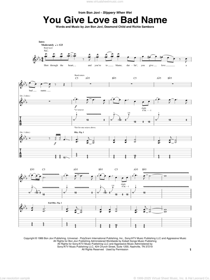 You Give Love A Bad Name sheet music for guitar (tablature) by Bon Jovi, Desmond Child and Richie Sambora, intermediate skill level