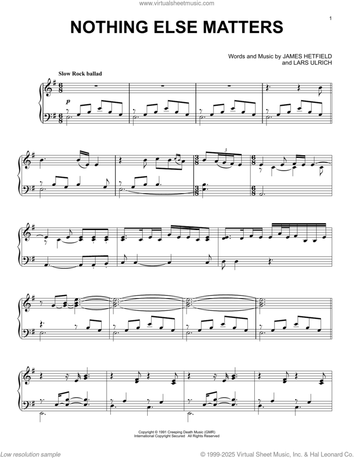 Nothing Else Matters, (intermediate) sheet music for piano solo by Metallica, James Hetfield and Lars Ulrich, intermediate skill level