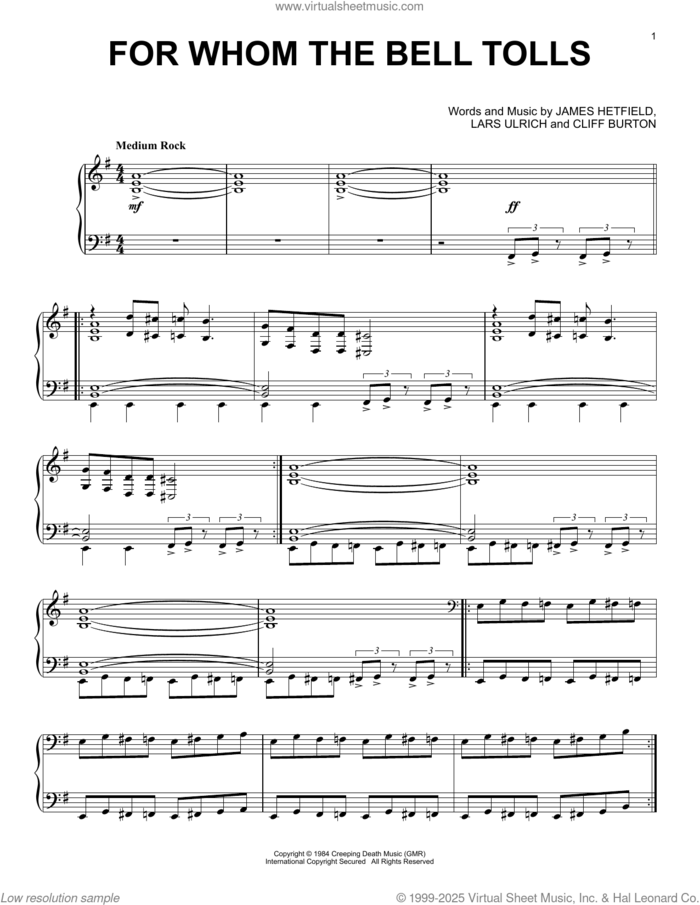 For Whom The Bell Tolls sheet music for piano solo by Metallica, Cliff Burton, James Hetfield and Lars Ulrich, intermediate skill level