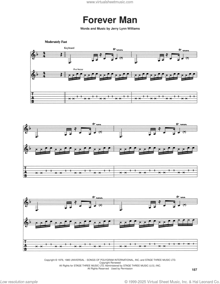Forever Man sheet music for guitar (tablature) by Eric Clapton and Jerry Lynn Williams, intermediate skill level