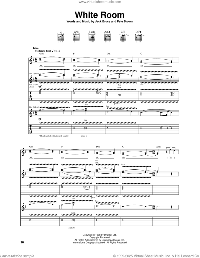 White Room sheet music for guitar (tablature) by Cream, Eric Clapton, Jack Bruce and Pete Brown, intermediate skill level