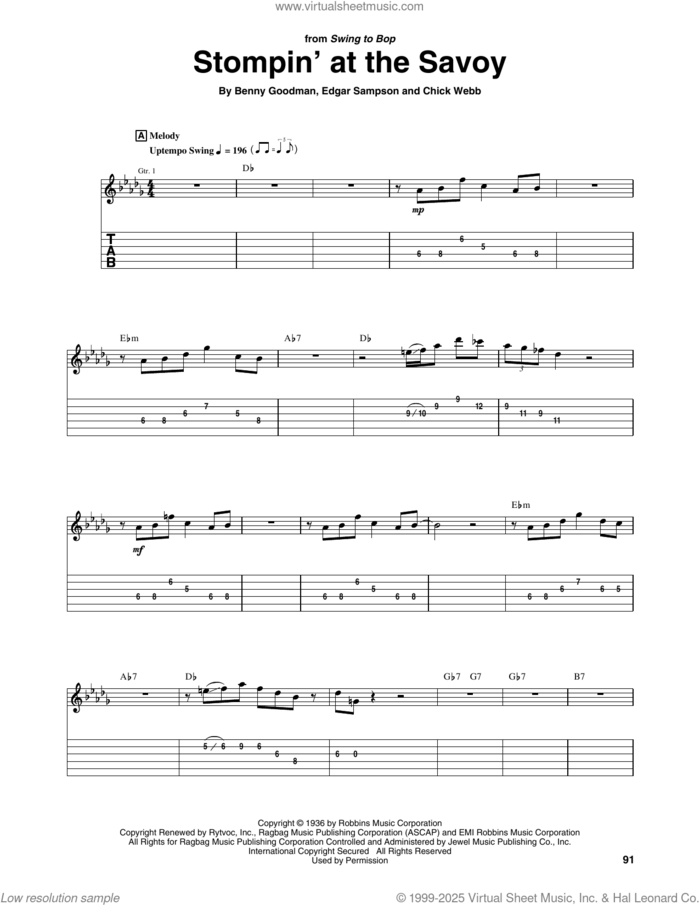 Stompin' At The Savoy sheet music for guitar (tablature) by Charlie Christian, Jack Grassel, Andy Razaf, Benny Goodman, Chick Webb and Edgar Sampson, intermediate skill level