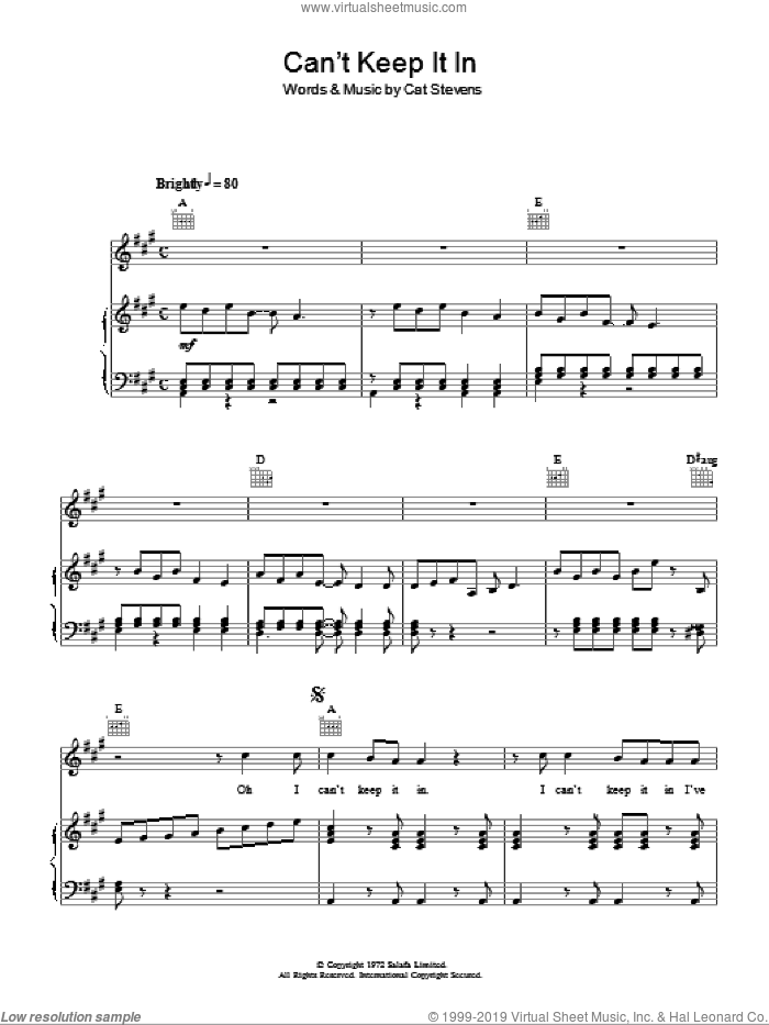 Can't Keep It In sheet music for voice, piano or guitar by Cat Stevens, intermediate skill level